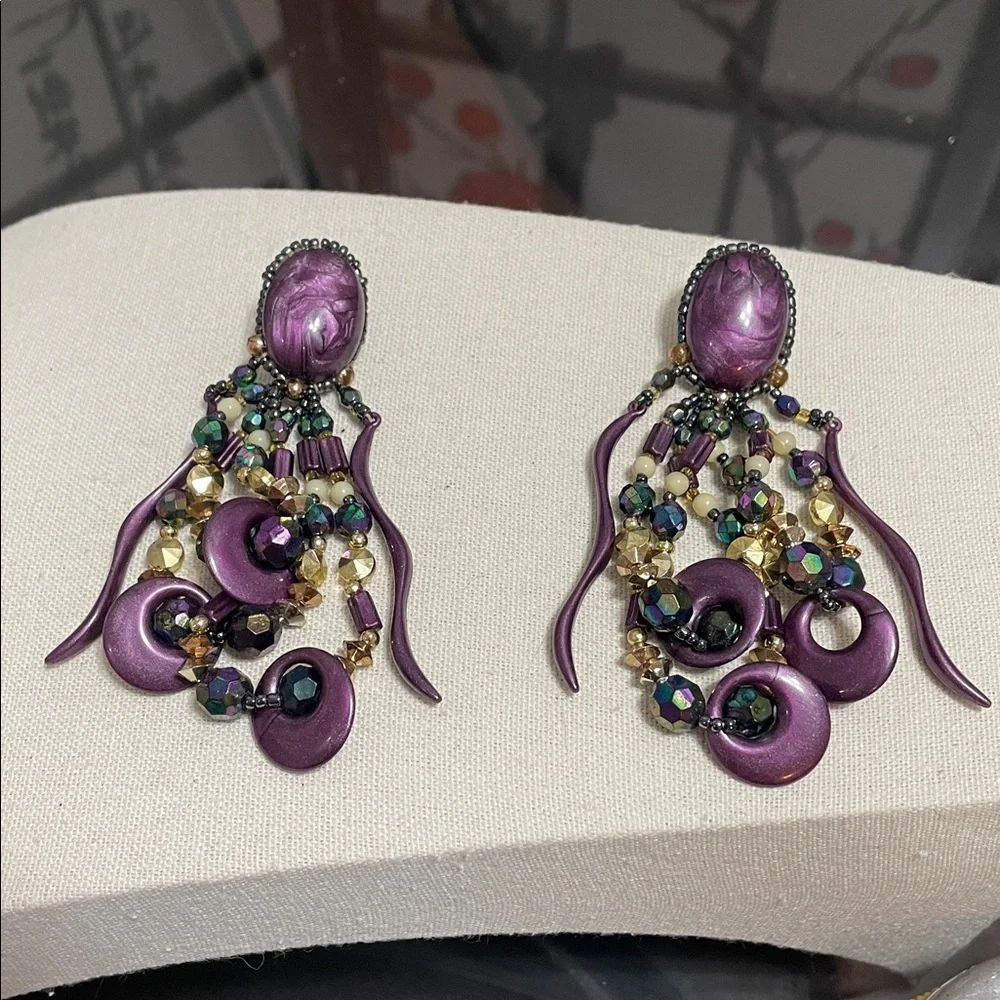 Handmade Purple Beaded Cascade Statement Earrings
